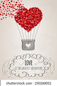 Valentine card with a heart-shaped hot air balloon falling apart into small hearts and a love slogan in vector