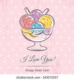 valentine card with  ice cream and wishes text,  vector