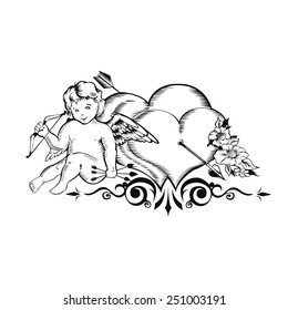Valentine card. Image of Cupid and two hearts with an arrow.
