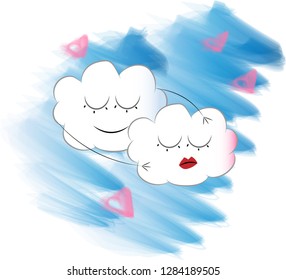 Valentine card with the image of lovers. Hugging cartoon clouds on a blue background. Pink hearts