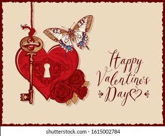 Valentine card with key, keyhole in the heart, red roses and beautiful butterfly. Romantic vector card in retro style with handwritten inscription Happy Valentines day.