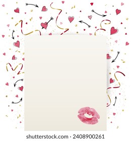 valentine card with a kiss on a background of confetti with hearts