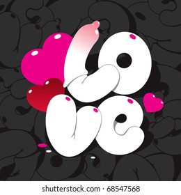 Valentine card with lettering LOVE on a black patterned background. For themes like love, valentine's day, holidays. Vector illustration.