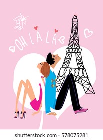 Valentine card with love couple on heart background with eiffel tower. Vector illustration.