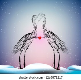 valentine card love forever, Two cranes look like tree branches holding the heart, vector