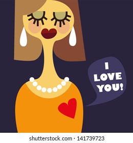 Valentine card , love card, including a beautiful woman and a red heart with a message of  (I love you)