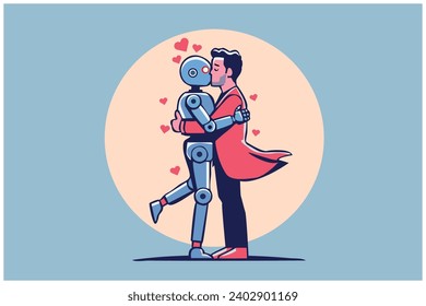 valentine card, love romantic concept, human hugging - kissing robot, futuristic artificial family-friend, vintage minimal flat comic art design