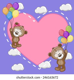 Valentine card with Lovers Bears flying on balloons

