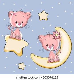 Valentine card with Lovers Cats on a moon and star
