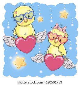 Valentine card Lovers Chickens are flying on the hearts