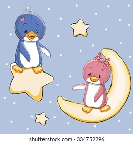 Valentine card with Lovers Cows on a moon and star
