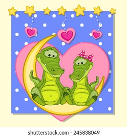 Valentine card with Lovers Crocodiles on the moon
