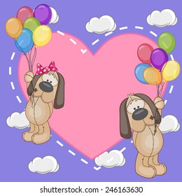 Valentine card with Lovers Dogs flying on balloons
