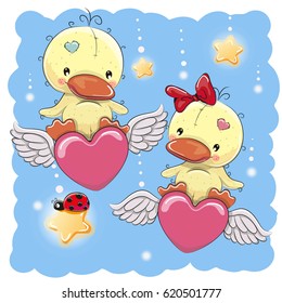 Valentine card Lovers Ducks are flying on the hearts