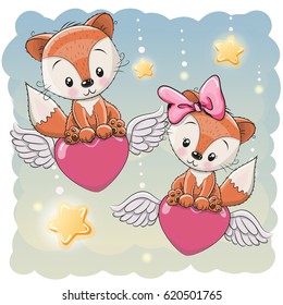 Valentine card Lovers Foxes are flying on the hearts