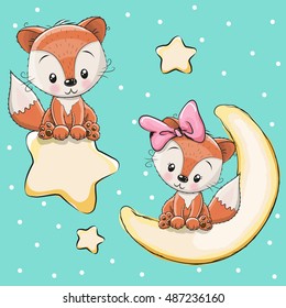 Valentine card with Lovers foxes on a moon and star