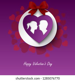 Valentine card with lovers and hearts in red purple design