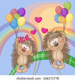 Valentine card with Lovers Hedgehogs flying on balloons
