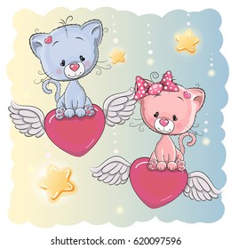 Valentine card Lovers Kittens are flying on the hearts