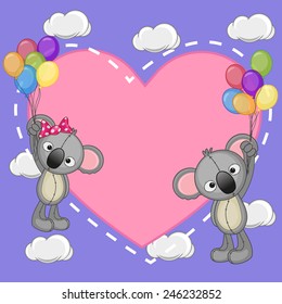 Valentine card with Lovers Koalas flying on balloons
