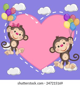 Valentine card with Lovers Monkeys flying on balloons 