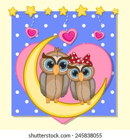 Valentine card with Lovers Owls on the moon
