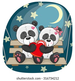 Valentine card with Lovers Pandas on the swing
