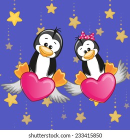 Valentine card with Lovers Penguins on the flying hearts 