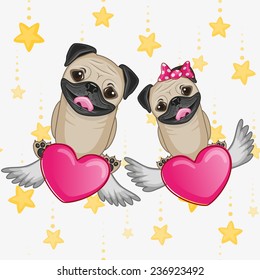 Valentine card with Lovers Pug Dogs on the flying hearts 