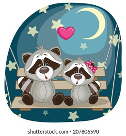 Valentine card with Lovers Raccoons on the swing 