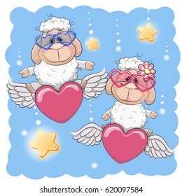 Valentine card Lovers Sheep are flying on the hearts