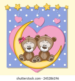 Valentine card with Lovers Teddy Bears on the moon 