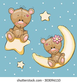 Valentine card with Lovers Teddy Bears on a moon and star
