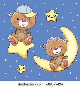 Valentine card with Lovers Teddy Bears on a moon and star