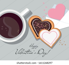 Valentine card, mug with coffee and heart shaped cookies with glaze. Top view. Valentine's day. Vector  