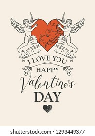 Valentine card on the theme of declaration of love with angels and red heart in retro style. Vector greeting card or banner with inscriptions I Love you and Happy Valentines Day.