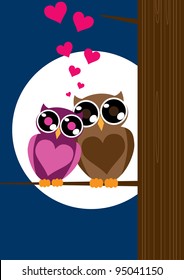 Valentine card with owls couple. Vector illustration.