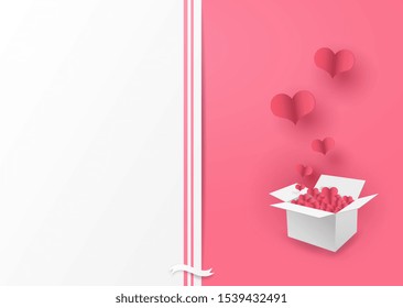 Valentine card pink color with origami balloon heart in the box. Vector illustration design in paper cut concept.