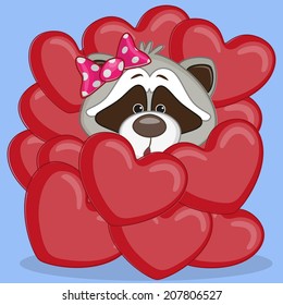 Valentine card with Raccoon in hearts 