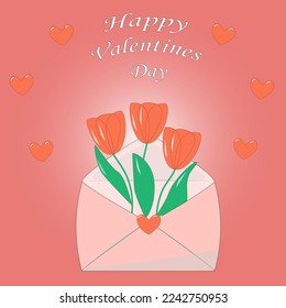 valentine card red flowers envelope on pink background valentine's day