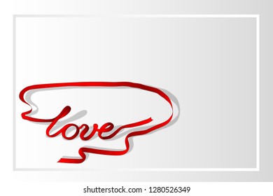 Valentine card with red ribbon in form of handwritten word love on gradient gray background, greeting card, wedding invitation. Vector illustration