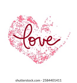 Valentine card, red stamp heart on white background, hand written Love, vector romantic illustration.