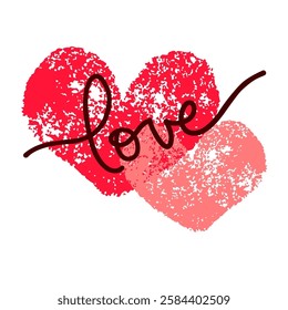 Valentine card, red stamp heart on white background, hand written Love, vector romantic illustration.