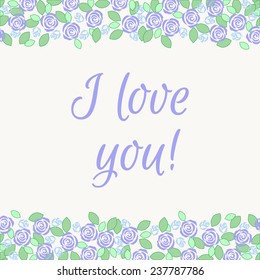 Valentine card with retro frame with blue roses and green leaves