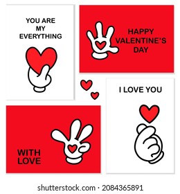 Valentine card set with 30s cartoon style love gestures. Hand and heart vector graphic for February 14th romantic holiday. 