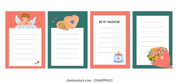 Valentine card set with cute angel, hearts, candle, and flowers.