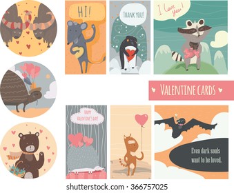 Valentine card set with fun animals with hearts and flowers, smiling, cute, with closed and open eyes. Vector kind illustration isolated on white.