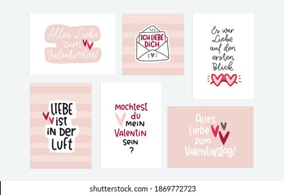 Valentine card set in German language with love messages and greetings. Happy Valentines day, I love you, love is in the air deutsch translation. Heart glasses and envelope with love letter clipart. 