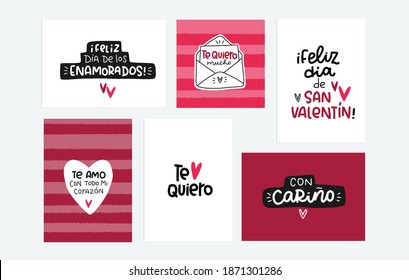 Valentine card set in Spanish language with common romantic phrases. Text reads: Happy day of lovers,  I love you very much, Happy Saint Valentines day, I love you with all my heart, with love