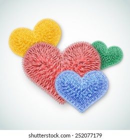 Valentine card. Several multi-colored fluffy hearts. Vector illustration.